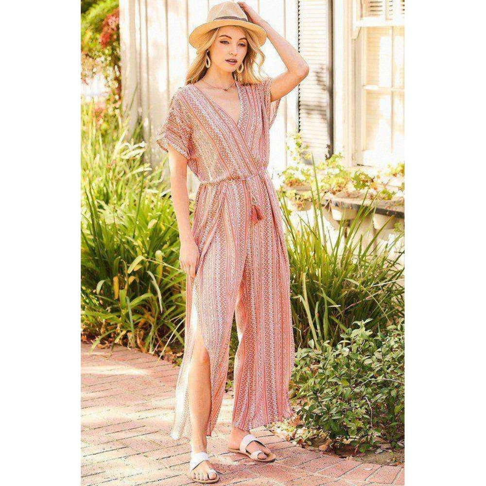 Main Strip Surplice Open Leg Print Jumpsuit with Tassels Peach Romper Large Boho